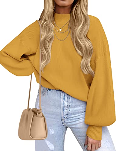 ZESICA Damen 2023 Casual Rollkragen Lange Laterne Ärmel Oversized Rippstrick Pullover Pullover Pullover Top, Senf, Mittel von ZESICA