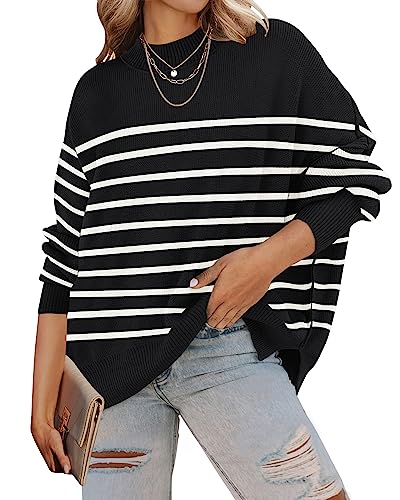 ZESICA Damen 2023 Herbst Casual Langarm Rundhals Seitenschlitz Übergroße Rippstrick Pullover Sweater Tops, Blackstripe, Groß von ZESICA