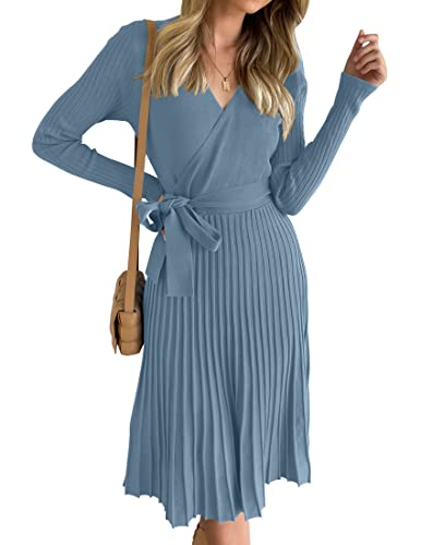 ZESICA Damen 2023 Herbst Langarm Wrap V-Ausschnitt Rippstrick Plissee A-Linie Pullover Pullover Kleid mit Gürtel, Dustyblue, Groß von ZESICA