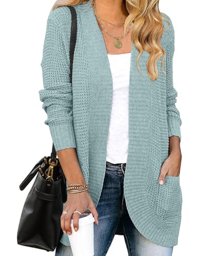 ZESICA Damen 2023 Herbst Winter Langarm Offene Vorderseite Lässige Leichte Weiche Strickcardigan Pullover Oberbekleidung, Minze, Mittel von ZESICA