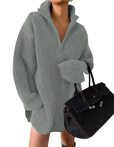 ZESICA Damen 2023 Langarm Mini Pullover Kleid Herbst Viertel Reißverschluss Rippstrick Oversized Pullover, GRAU, Mittel von ZESICA