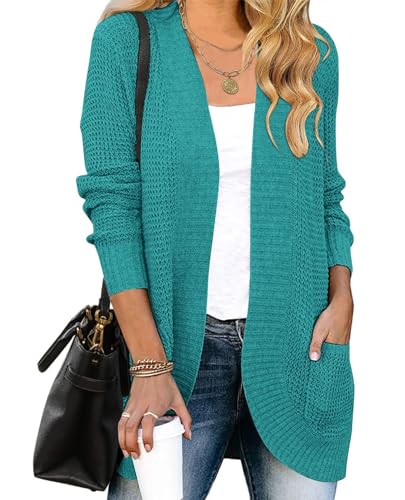 ZESICA Damen 2023 Langarm Open Front Casual Leicht Weich Strick Cardigan Pullover Oberbekleidung, Lakegreen, Mittel von ZESICA