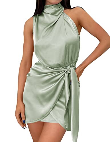 ZESICA Damen 2023 Mode Satin Ärmellos Neckholder Krawatte Taille Wrap Bodycon Cocktail Party Minikleid, Grün , Mittel von ZESICA