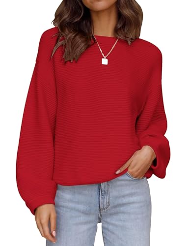 ZESICA Damen 2023 Rundhalsausschnitt Lange Laternenärmel Casual Lose Rippstrick Solide Weiche Pullover Sweater Tops, Rot/Ausflug, einfarbig (Getaway Solids), Klein von ZESICA