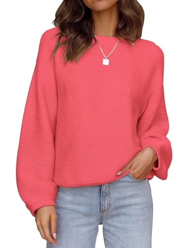 ZESICA Damen 2023 Rundhalsausschnitt Lange Laternenärmel Casual Lose Rippstrick Solide Weiche Pullover Sweater Tops, Wassermelone, Klein von ZESICA