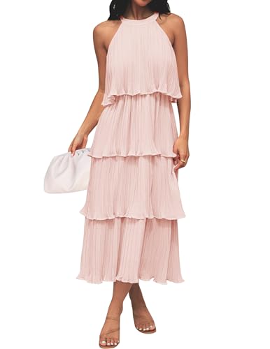 ZESICA Damen 2023 Sommer Ärmellos Neckholder Rüschen Gestuft Layed Chiffon Flowy Swing Long Midi Kleid, Pink, Groß von ZESICA