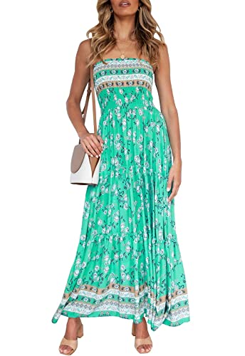 ZESICA Damen 2023 Sommer Bohemian Floral Printed trägerlos Strand Party Langes Maxikleid, Aqua, Mittel von ZESICA