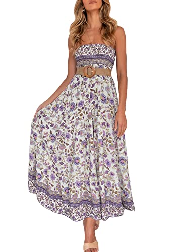 ZESICA Damen 2023 Sommer Bohemian Floral Printed trägerlos Strand Party Langes Maxikleid, Lavendel, Klein von ZESICA