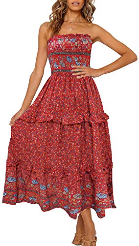 ZESICA Damen 2023 Sommer Bohemian Floral Printed trägerlos Strand Party Langes Maxikleid, Rot/Ausflug, einfarbig (Getaway Solids), Groß von ZESICA