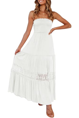 ZESICA Damen 2023 Sommer Bohemian Trägerlos Schulterfrei Spitzenbesatz Rückenfrei Flowy A Linie Strand Lang Maxikleid, Weiss/opulenter Garten, Klein von ZESICA
