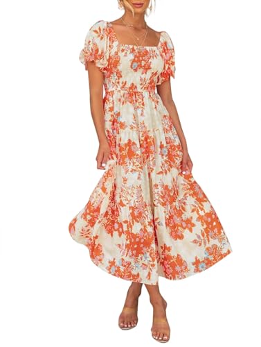 ZESICA Damen 2023 Sommer Boho Blumendruck Quadratischer Ausschnitt Rüschen Swing Strand Lang Maxikleid, Mandarine, Mittel von ZESICA
