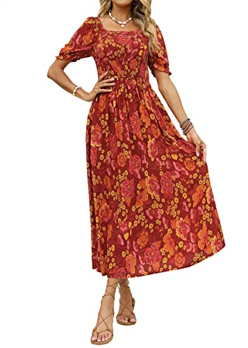 ZESICA Damen 2023 Sommer Boho Blumendruck Quadratischer Ausschnitt Rüschen Swing Strand Lang Maxikleid, Rost, Mittel von ZESICA