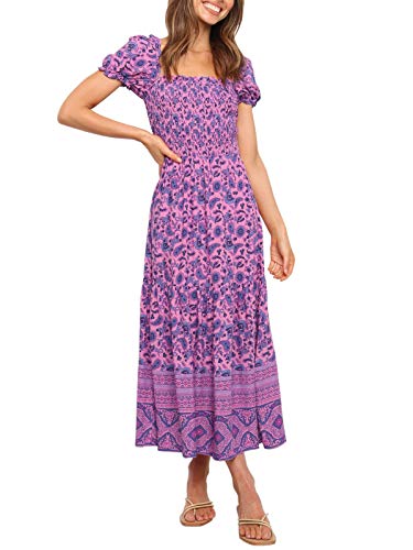 ZESICA Damen 2023 Sommer Boho Blumendruck Quadratischer Ausschnitt Rüschen Swing Strand Lang Maxikleid, Violett, Klein von ZESICA