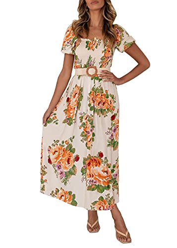 ZESICA Damen 2023 Sommer Boho Blumendruck Quadratischer Ausschnitt Rüschen Swing Strand Langes Maxikleid, Sunsetyellow, Mittel von ZESICA