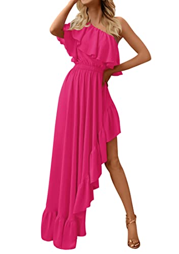 ZESICA Damen 2023 Sommer Boho One Shoulder Ärmellos Rüschen Asymmetrisch Hoch Tief Flowy Abschlussball Kleid Hochzeit Langes Kleid, Rose, Mittel von ZESICA