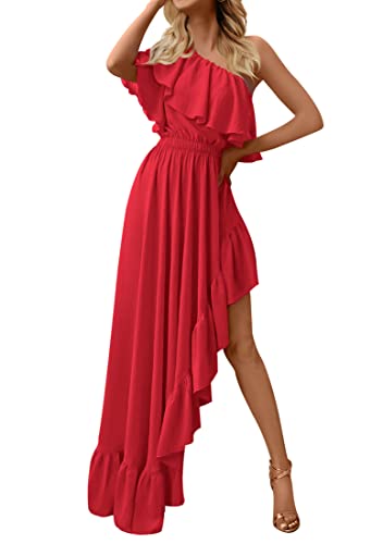 ZESICA Damen 2023 Sommer Boho One Shoulder Ärmellos Rüschen Asymmetrisch Hoch Tief Flowy Abschlussball Kleid Hochzeit Langes Kleid, Rot/Ausflug, einfarbig (Getaway Solids), Mittel von ZESICA