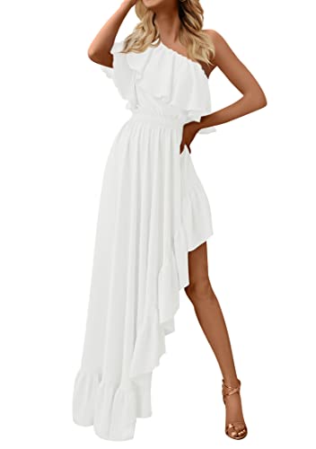 ZESICA Damen 2023 Sommer Boho One Shoulder Ärmellos Rüschen Asymmetrisch Hoch Tief Flowy Abschlussball Kleid Hochzeit Langes Kleid, Weiss/opulenter Garten, Groß von ZESICA