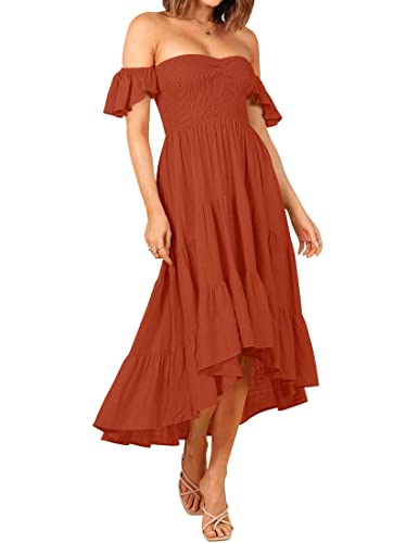 ZESICA Damen 2023 Sommer Boho Schulterfrei Kurzarm Gesmokte Rüschen Swing Hoch Niedrig Meerjungfrau Cocktail Party Kleid, Rost, Mittel von ZESICA