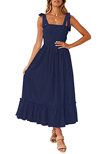 ZESICA Damen 2023 Sommer Boho Spaghettiträger Quadratischer Ausschnitt Einfarbig Rüschen A-Linie Strand Lang Maxikleid, Marineblau, Groß von ZESICA