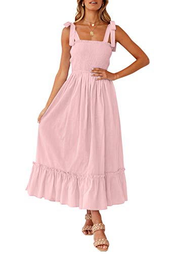 ZESICA Damen 2023 Sommer Boho Spaghettiträger Quadratischer Ausschnitt Einfarbig Rüschen A-Linie Strand Lang Maxikleid, Pink, Klein von ZESICA