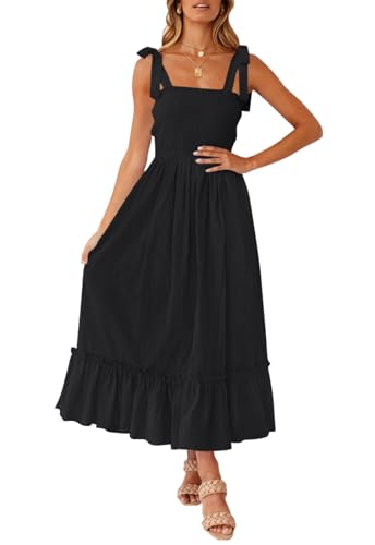 ZESICA Maxikleid für Damen, Sommer, Boho, Spaghettiträger, quadratischer Ausschnitt, einfarbig, Rüschen, A-Linie, Strand, langes Maxikleid, Schwarz, Groß von ZESICA