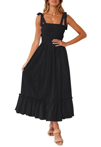 ZESICA Damen 2023 Sommer Boho Spaghettiträger Quadratischer Ausschnitt Einfarbig Rüschen A-Linie Strand Lang Maxikleid, Schwarz, Mittel von ZESICA