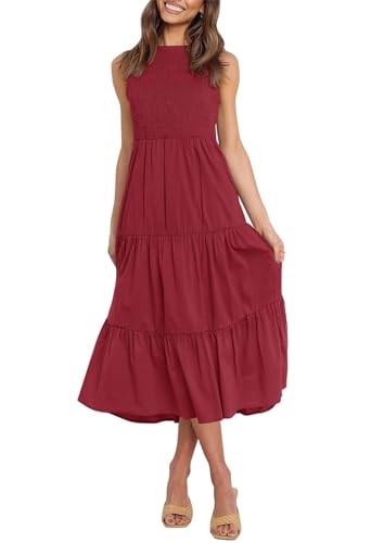 ZESICA Damen 2023 Sommer Casual Ärmellos Rundhalsausschnitt Gesmokt Hohe Taille Flowy Tiered A Linie Midi Kleid, Rot/Ausflug, einfarbig (Getaway Solids), Groß von ZESICA