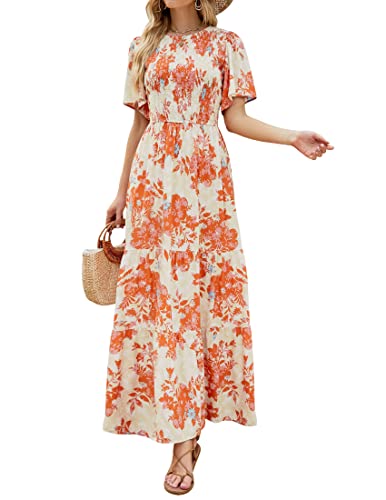 ZESICA Damen 2023 Sommer Casual Blumendruck Kurze Flatterärmel Rundhalsausschnitt Gesmokt Hohe Taille Flowy Maxi Kleid, Mandarine, XX-Large von ZESICA