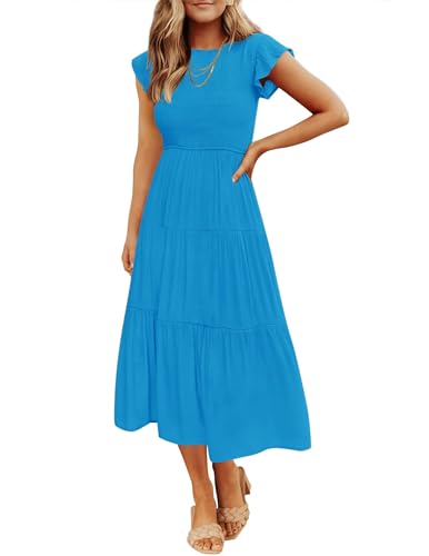 ZESICA Damen 2023 Sommer Casual Flattern Kurzarm Rundhalsausschnitt Gesmokt Elastische Taille Tiered Midi Kleid, Cobaltblau, Mittel von ZESICA