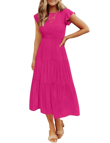 ZESICA Damen 2023 Sommer Casual Flattern Kurzarm Rundhalsausschnitt Gesmokt Elastische Taille Tiered Midi Kleid, Rose, Klein von ZESICA