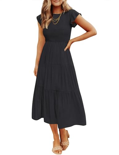 ZESICA Damen-Sommerkleid, lässig, Flatter, kurze Ärmel, Rundhalsausschnitt, gesmokt, elastische Taille, gestuftes Midi-Kleid, allblack, Medium von ZESICA