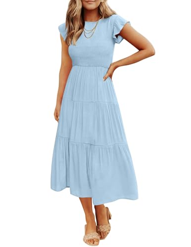 ZESICA Damen 2023 Sommer Casual Flutter Kurzarm Rundhals Gesmokte Elastische Taille Gestuftes Midikleid, Blau, Klein von ZESICA