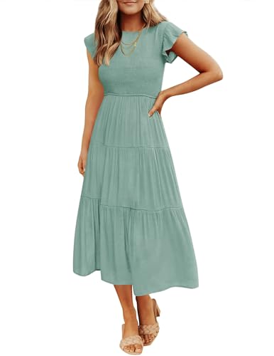 ZESICA Damen-Sommerkleid, lässig, Flatter, Kurze Ärmel, Rundhalsausschnitt, gesmokt, elastische Taille, gestuftes Midi-Kleid, graugrün, Small von ZESICA