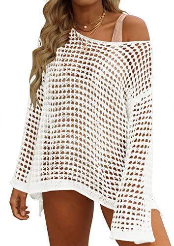 ZESICA Damen 2023 Sommer Häkeln Hollow Out Langarm Strand Bikini Badeanzug Mesh Cover Up Tunika Top, Aprikose, S von ZESICA