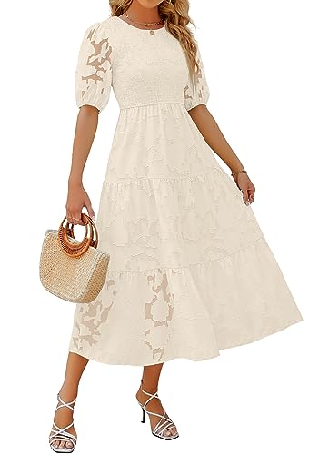 ZESICA Damen 2023 Sommer Kurze Puffärmel Rundhalsausschnitt Gesmokt Floral Spitze Flowy A Linie Tiered Midi Kleider, Beige, Mittel von ZESICA