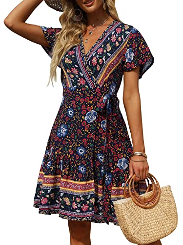 ZESICA Damen 2023 Sommer Wrap V Ausschnitt Bohemian Floral Print Rüschen Swing A Linie Strand Minikleid, Oceanablue, Groß von ZESICA