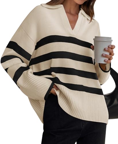 ZESICA Damen 2023 Winter Gestreifte Pullover Revers V-Ausschnitt Langarm Grobstrick Oversized Pullover Sweater Jumper Tops, aprikose, Klein von ZESICA