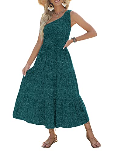 ZESICA Damen 2024 Bohemian Sommer Blumendruck Eine Schulter Ärmellos Gesmokt Rüschen Tiered Beach Lange Midi Kleid, Blaugrün/Ein Hauch von Paradies (Trace of Paradise), X-Groß von ZESICA