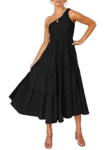 ZESICA Damen 2024 Bohemian Sommer Blumendruck Eine Schulter Ärmellos Gesmokt Rüschen Tiered Beach Lange Midi Kleid, Schwarz, Klein von ZESICA