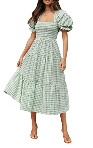 ZESICA Damen 2024 Bohemian Sommer Plaid Square Neck Puffärmel Rüschen Flowy Strand Midi Kleid, Grün , Klein von ZESICA