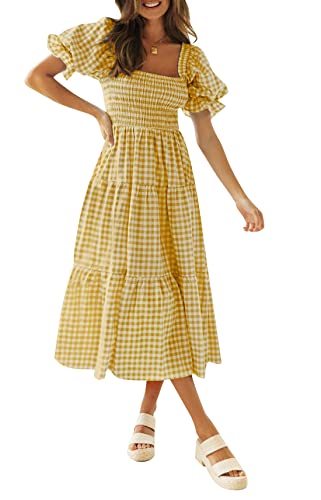 ZESICA Damen 2024 Bohemian Summer Plaid Square Neck Puffärmel Rüschen Flowy Beach Midi Kleid, Fuchsrot, Klein von ZESICA