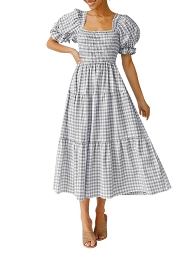 ZESICA Damen 2024 Bohemian Summer Plaid Square Neck Puffärmel Rüschen Flowy Beach Midi Kleid, GRAU, X-Groß von ZESICA