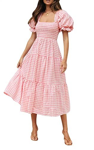ZESICA Damen 2024 Bohemian Summer Plaid Square Neck Puffärmel Rüschen Flowy Beach Midi Kleid, Pink, Klein von ZESICA