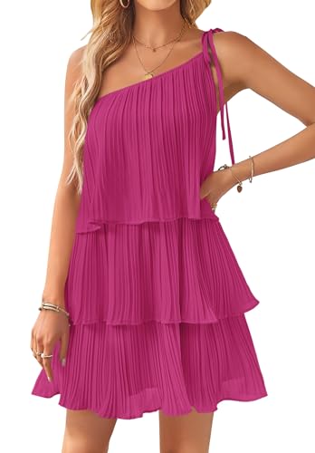 ZESICA Damen 2024 Boho Sommer One Shoulder Ärmellos Rüschen Gestuft Layered Chiffon Plissee A Linie Flowy Minikleid, Rose, Klein von ZESICA