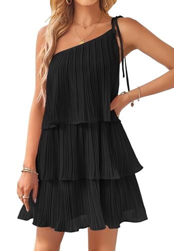 ZESICA Damen Boho Sommer One Shoulder Ärmellos Rüschen Gestuft Layered Chiffon Plissee A Linie Flowy Minikleid, Schwarz, Groß von ZESICA