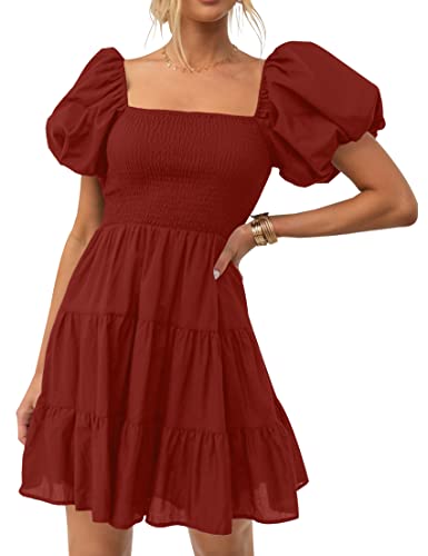 ZESICA Damen 2024 Boho Sommer Square Neck Puffärmel Schulterfrei Gesmokt Tiered Casual A Linie Kurz Minikleid, Ziegelstein, Mittel von ZESICA