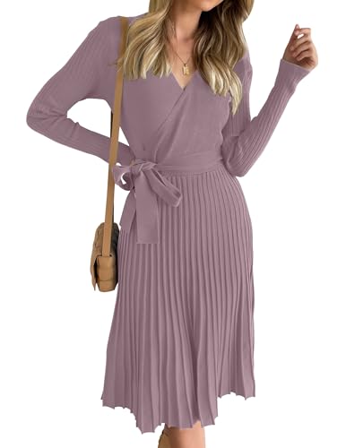 ZESICA Damen-Kleid, Herbst, Langarm, Wickelkleid, V-Ausschnitt, Rippstrick, Plissee, A-Linie, Pulloverkleid mit Gürtel, Dunkelviolett, Groß von ZESICA