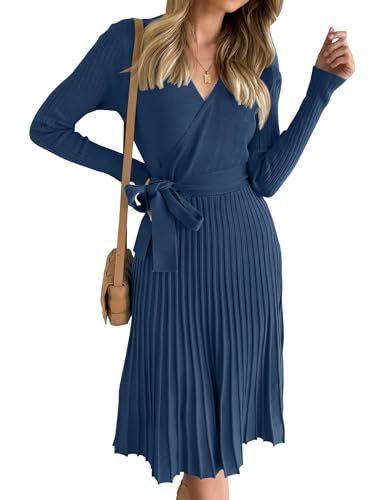 ZESICA Damen 2024 Herbst Langarm Wickelkleid V-Ausschnitt Rippstrick Plissee A-Linie Pullover Pulloverkleid mit Gürtel, Marineblau, Mittel von ZESICA