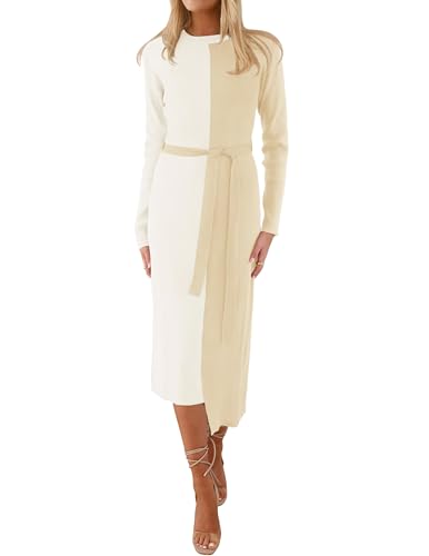 ZESICA Damen 2024 Herbst Rippstrick Pulloverkleid Elegant Langarm Rundhalsausschnitt Krawatte Taille Slim Fit Bodycon Midi Kleider, Cream, Mittel von ZESICA