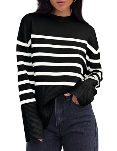 ZESICA Damen Herbst Winter Gestreift Langarm Rundhalsausschnitt Rippstrick Seitenschlitz Oversized Pullover Sweater Jumper Top, Schwarz, X-Groß von ZESICA